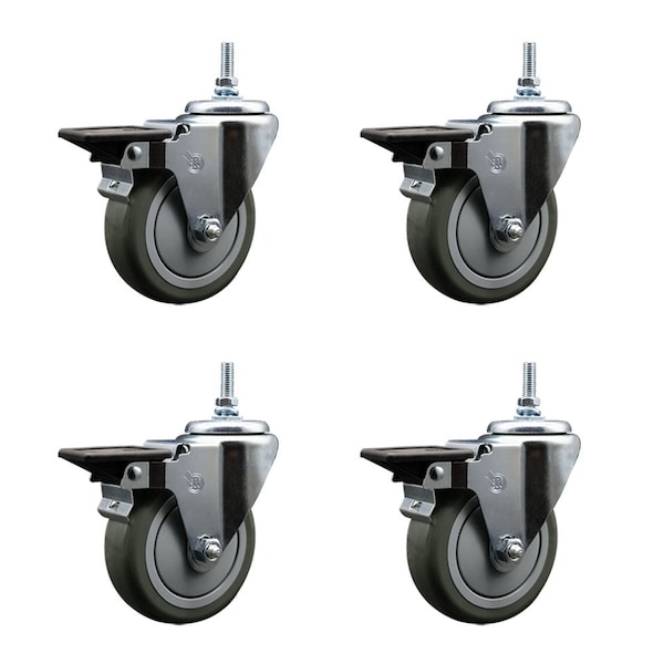 Service Caster 4 Inch Gray Polyurethane 38 Inch Threaded Stem Caster Set with Brake SCC-TS20S414-PPUB-PLB-381615-4 - main